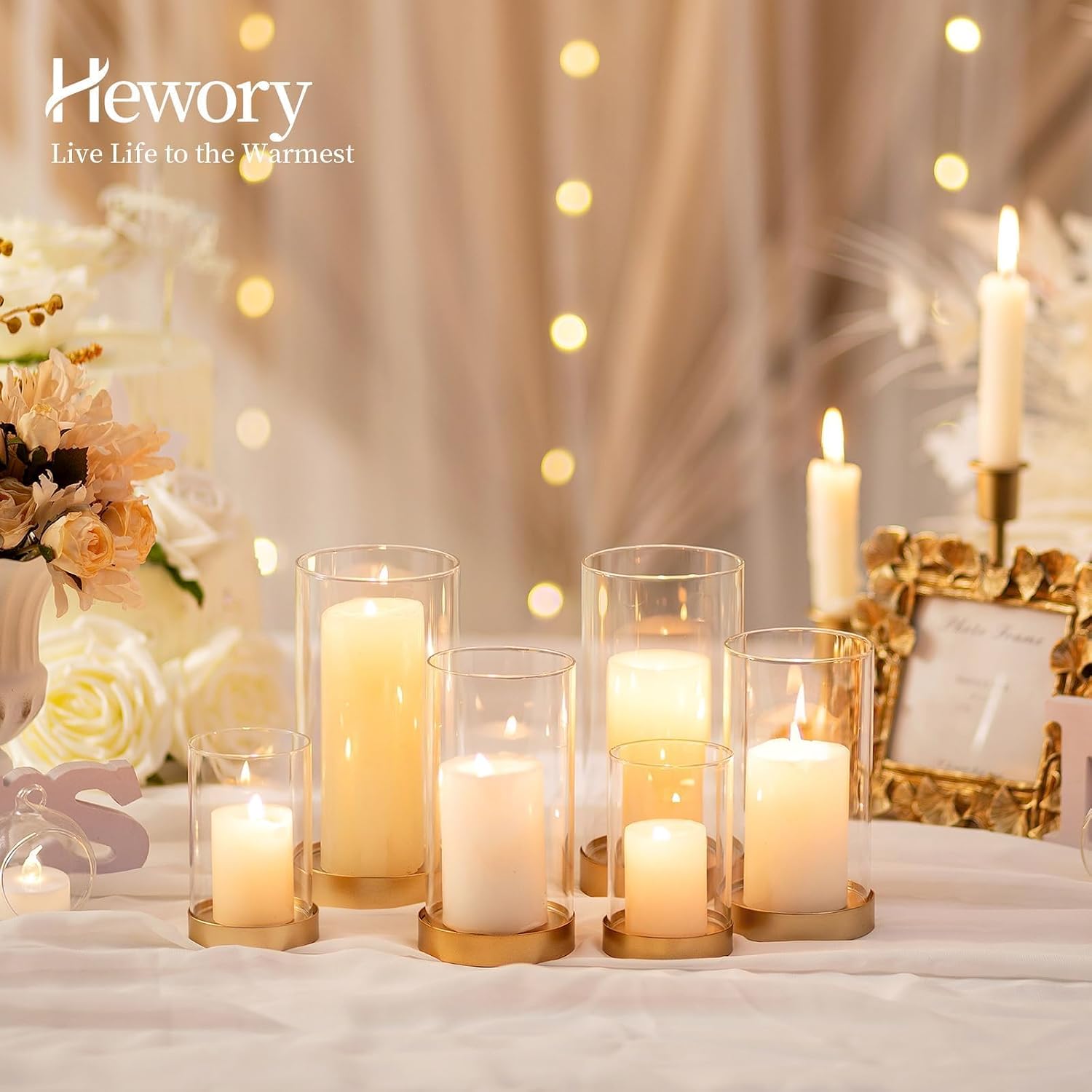 Hewory Hurricane Candle Holder for Pillar Candles: Gold Votive Candle Holders Set of 6, Glass Hurricane with Metal Candle Plate, Pillar Candle Holder for Table Centerpiece Wedding Holiday Home Decor