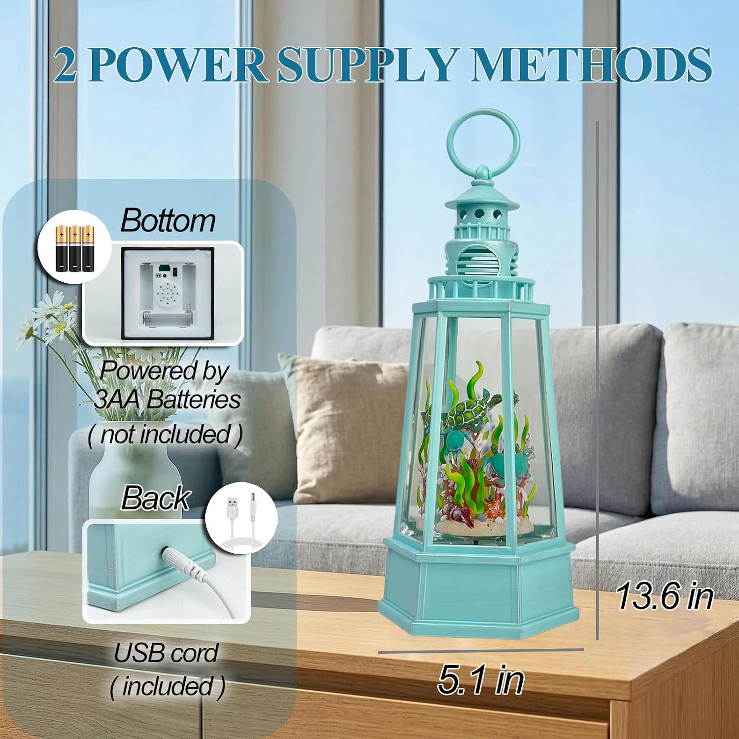 Ocean Themed Snow Globe Lantern with Music - USB or Battery Powered Light Up Water Lantern with Sea Turtle Swirling Glitter Water Globe for Summer Costal Ocean Decor Gift for Ocean Lover (Sea Turtle)