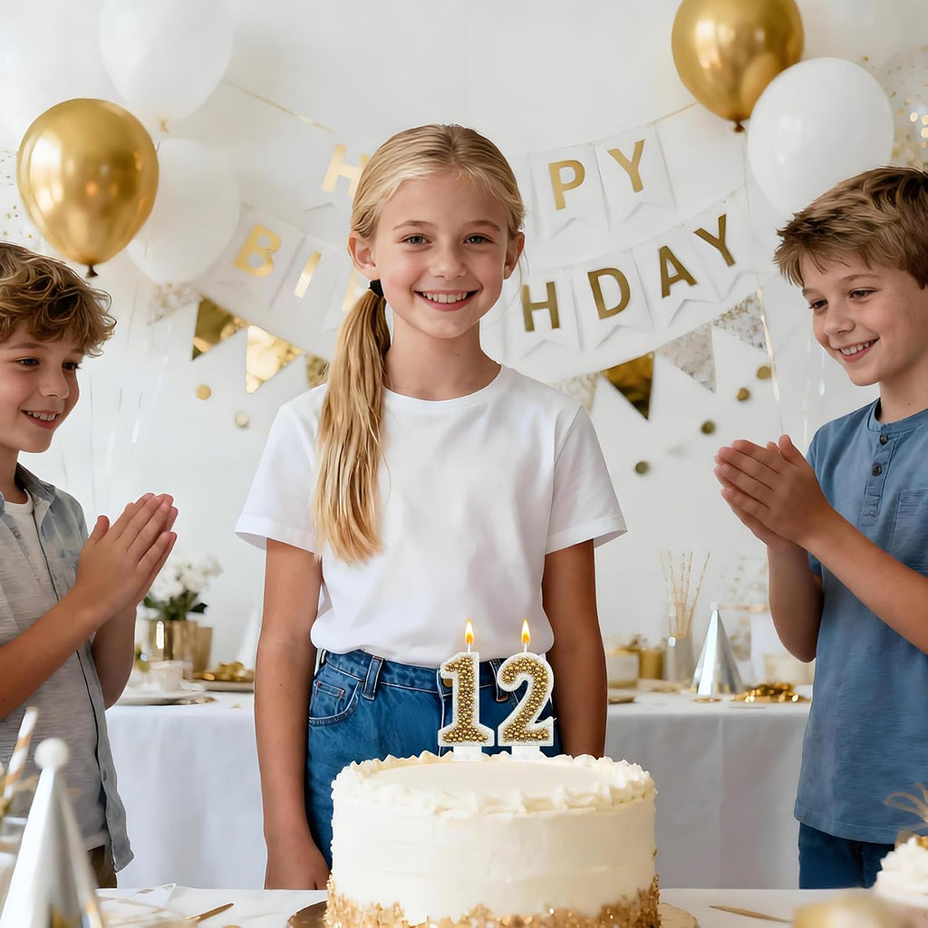 2 Birthday Number Candle for Cake, Glitter Number Candle with Gold Beads, Decorative Cake Topper for Milestone Celebrations