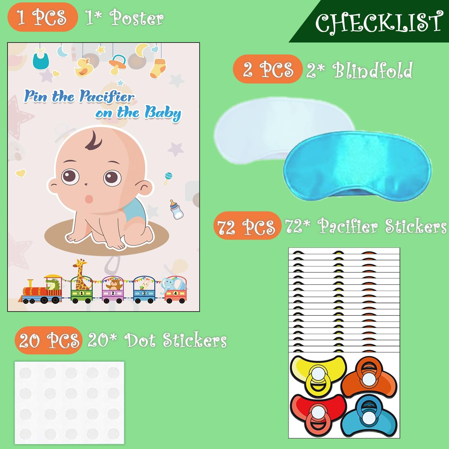T-Antrix Pin The Pacifier on The Baby Game -Baby Shower Party Games with 21'' x 28'' Poster, Reusable Pacifiers Party Supplies for Kids Birthday Party Favor Sets