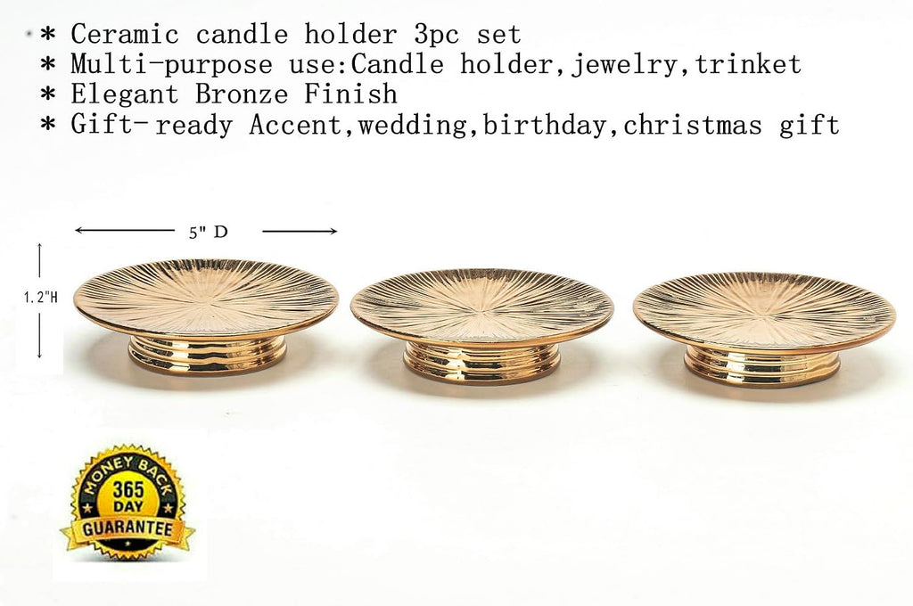 Ceramic Bronze Candle Plate Set, 3-Piece – Decorative Candle Holder Tray for Pillar Candles, Jewelry, Trinkets or Bathroom Counter – Antique Bronze Finish for Tabletop & Home Décor