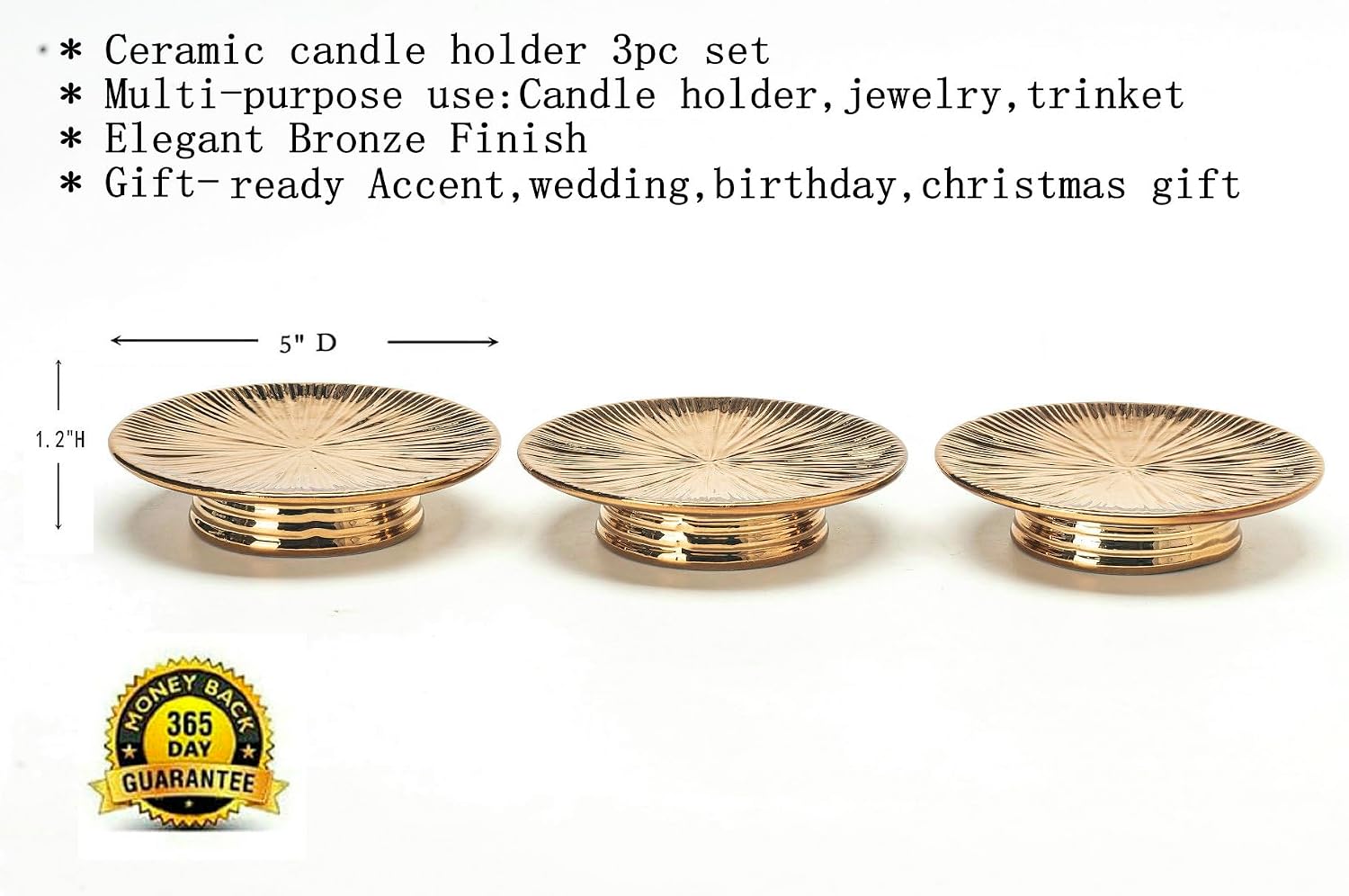 Ceramic Bronze Candle Plate Set, 3-Piece – Decorative Candle Holder Tray for Pillar Candles, Jewelry, Trinkets or Bathroom Counter – Antique Bronze Finish for Tabletop & Home Décor
