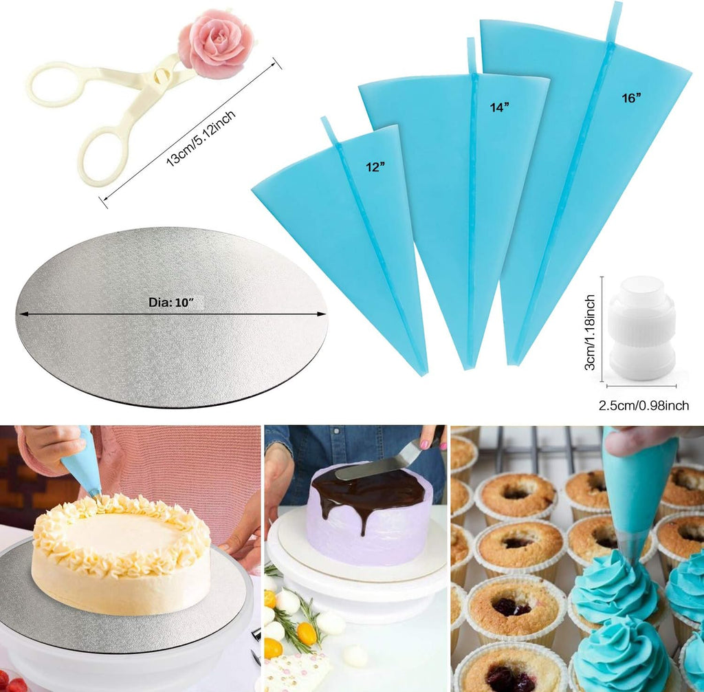 Cake Decorating kit - Cake Turntable and 10 inch Cake Board,2 Icing Spatula 3 Cake Scrapers,Cake Brush,Cake Flower Lifter,Cake Pen,3 Pastry Bags 24 Stainless Icing Tip 6 Piping Tip Couplers