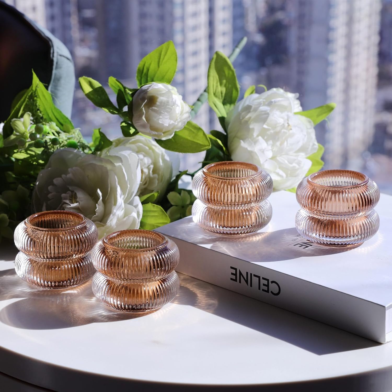 Woho Ribbed Votive Candle Holders Set of 6 for Wedding Table, Amber Tealight Candle Holder Glass for Home Decor, Vintage Tea Lights Candle Holder for Thanksgiving/Fall Decor(Brown, 2.1" H X 2.75" D)