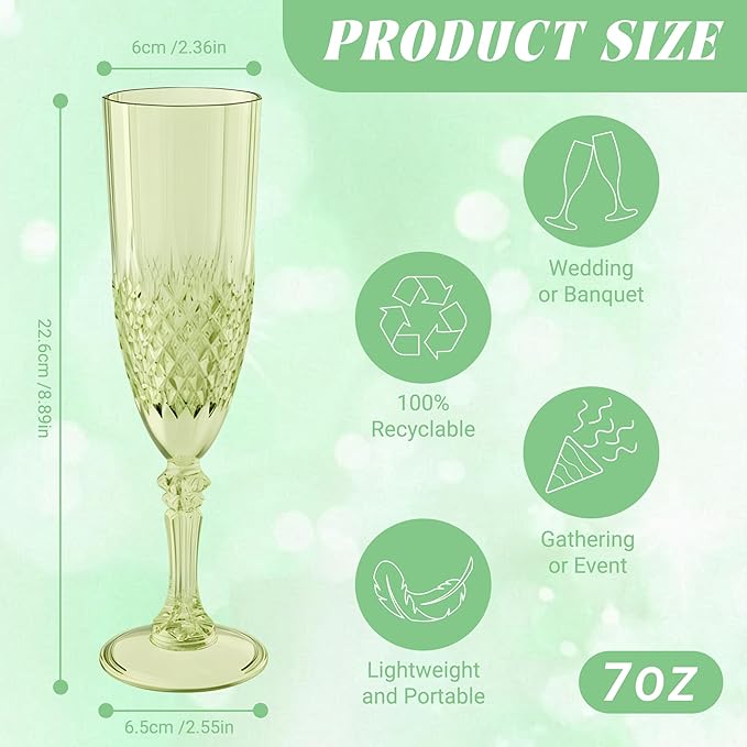 Plastic Champagne Flutes, 12PCS Green Wine Glasses Goblets Cups Reusable Flute, for Weddings Bachelor Parties Toasting and Events(12, Green)