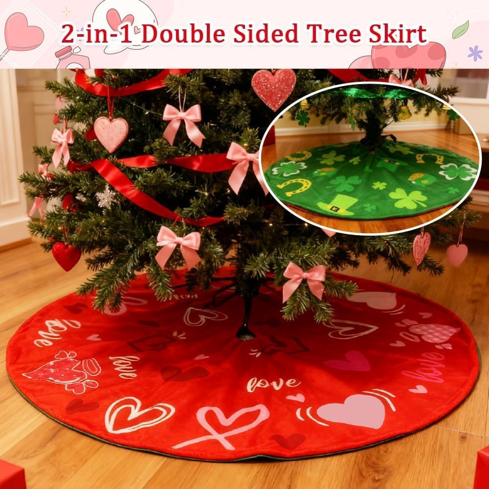 YEAHOME Valentines Day Decorations for Tree Skirt, 36" Love Heart Pattern Tree Skirts for Valentines Day Decor, Double-Sided St Patricks Day Clover Tree Skirt for Holiday Party Decorations