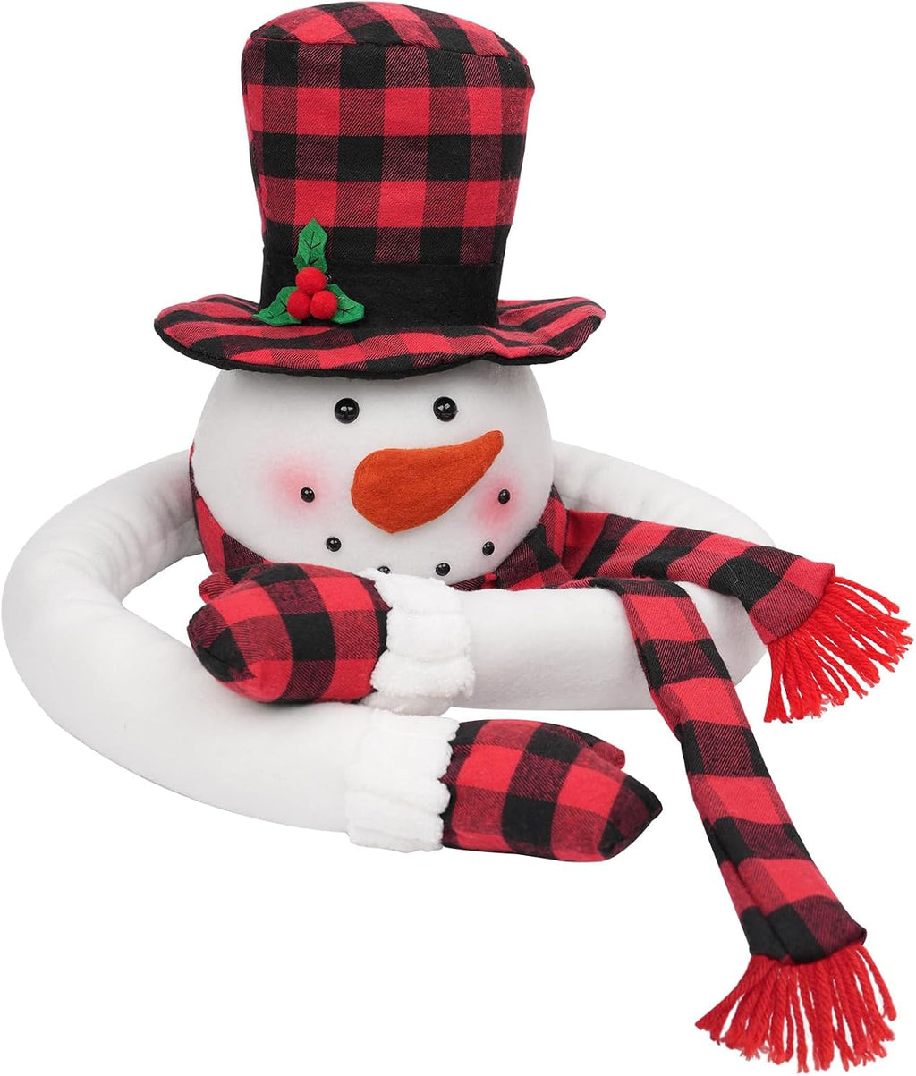 Christmas Snowman Tree Topper, Large Plush Snowman Treetop Hugger with Red and Black Buffalo Plaid Hat & Scarf, Fluffy Xmas Tree Ornament Holiday Winter Wonderland Home Party Decorations Supplies