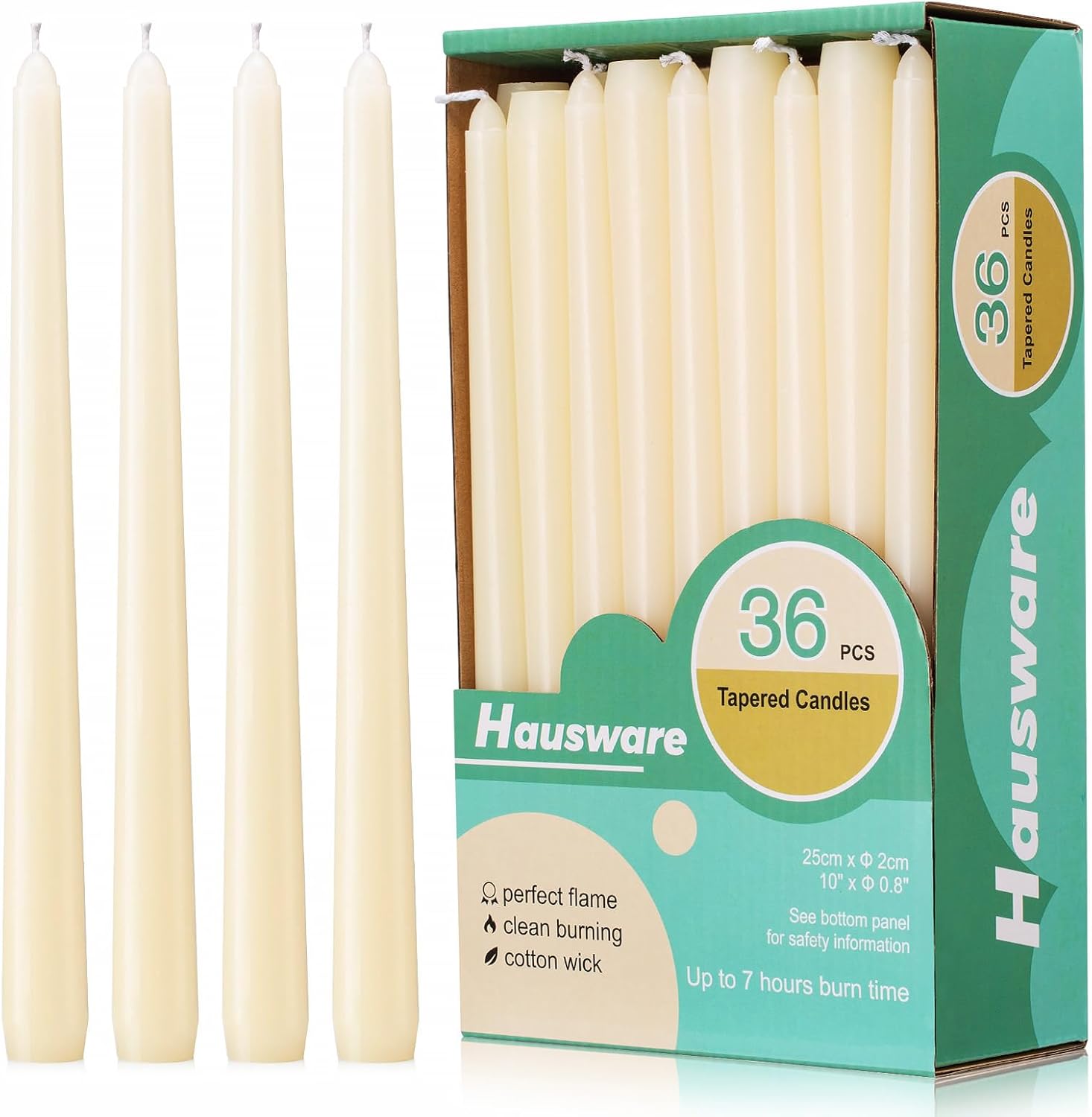 Hausware 36 Pack Taper Candles, 8 Hour Burn Time,Unscented Dripless and Smokeless, 10 inch Elegant Premium Quality Dinner Candle for Home Décor, Restaurant, Wedding, Party Candlesticks (Ivory)