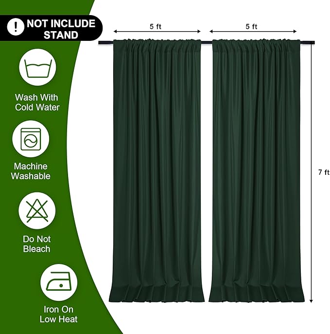 DWCN 10x7 FT Backdrop Curtains for Parties, Photography Backdrop Drapes with Rod Pockets for Wedding Decorations Stage Birthday Family Gatherings, 2 Panels 5ft x 7ft, Hunter Green