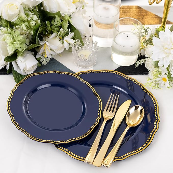 Hioasis 60pcs Blue Plastic Plates - Blue and Gold Disposable Dinnerware with Gold Rim, Heavy-duty, 10.25 inch, Dinner Plates for Party & Wedding