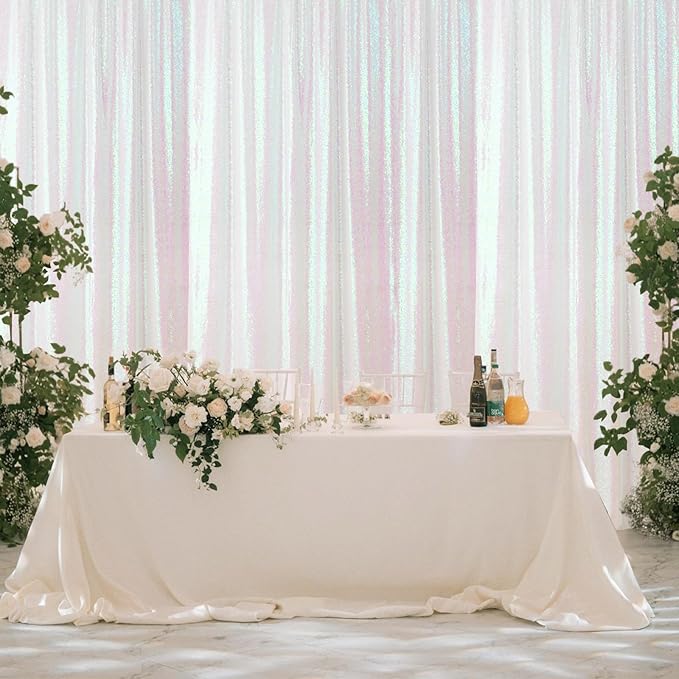 Sugargirl White Iridescent Sequin Backdrop Curtain 2 Panels 2FTx8FT Glitter White Iridescent Background Drapes Sparkle Photography Backdrop for Party Wedding Birthday Wall Decoration