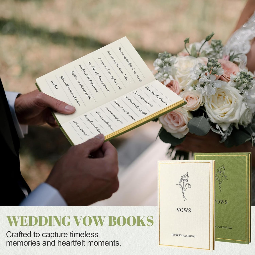 Engrowtic Set of 2 Wedding Vow Books His and Hers Vows on Our Wedding Day Notebooks with Gold Foil Fabric Cover 5.8"x 4.1" Bride and Groom Gift for Newly Engaged Couple, 60 Lined Pages(Green, Beige)