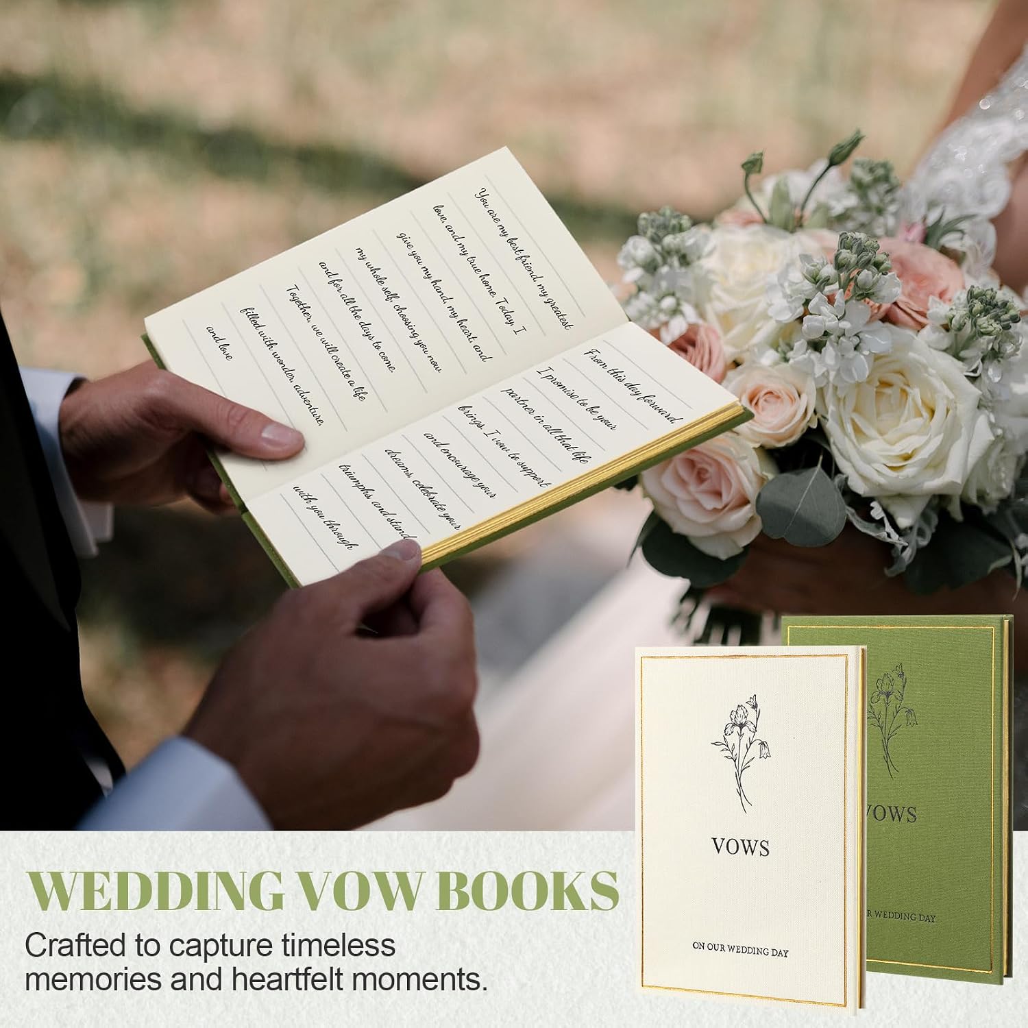Engrowtic Set of 2 Wedding Vow Books His and Hers Vows on Our Wedding Day Notebooks with Gold Foil Fabric Cover 5.8"x 4.1" Bride and Groom Gift for Newly Engaged Couple, 60 Lined Pages(Green, Beige)