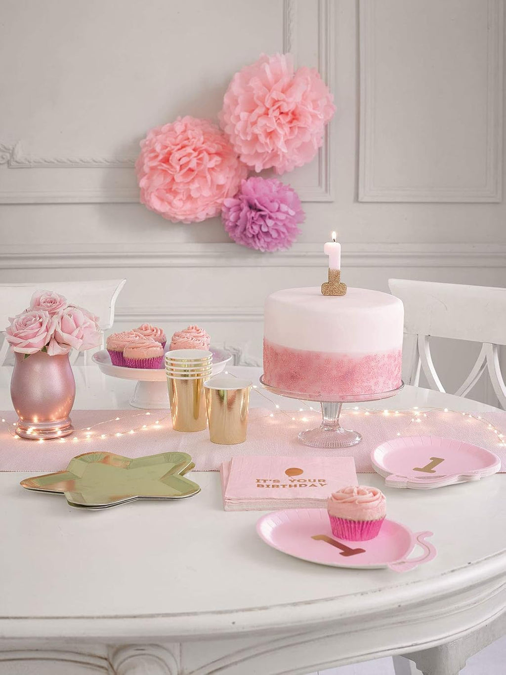 Talking Tables Pink Number 1 Birthday Candle with Gold Glitter, First Birthday Candle Girl, 1st Birthday Cake Topper