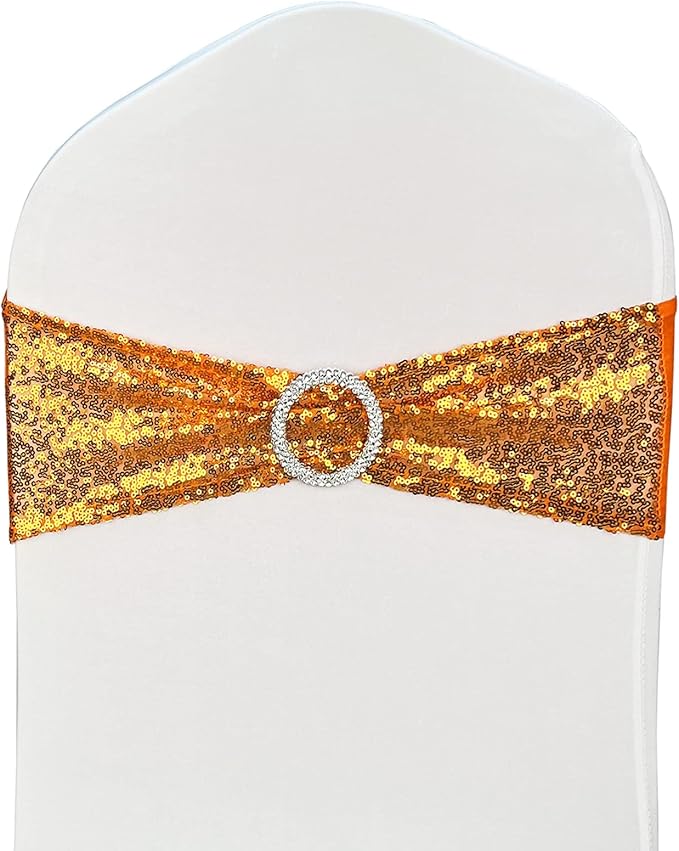 Chair Sashes Sequin Stretch Chair Bands Spandex Polyester Bows for Party Hotel Wedding Banquets Decoration - 6 Pcs Orange