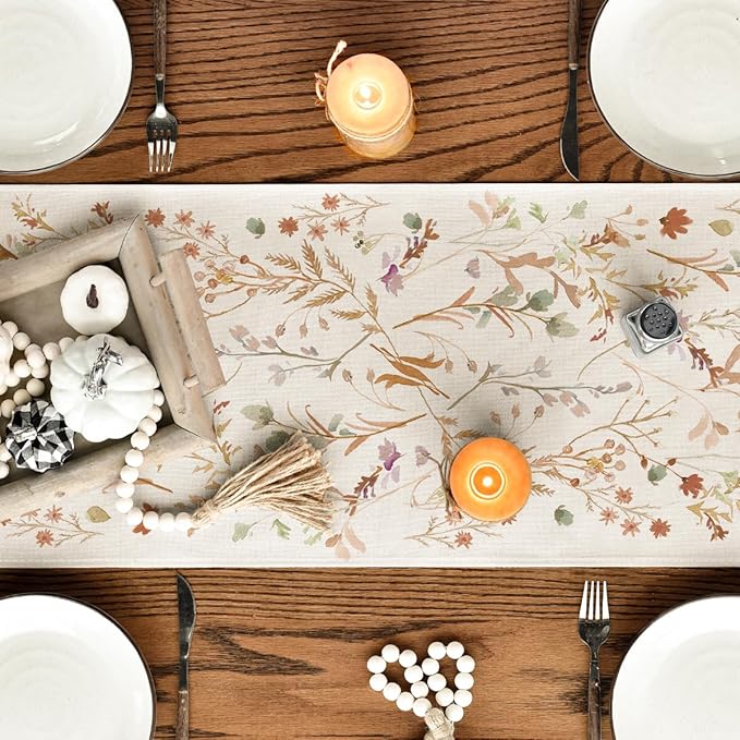 Artoid Mode Floral Leaves Fall Table Runner, Wild Flowers and Grasses Seasonal Autumn Kitchen Dining Table Decoration for Home Party Decor 13x48 Inch