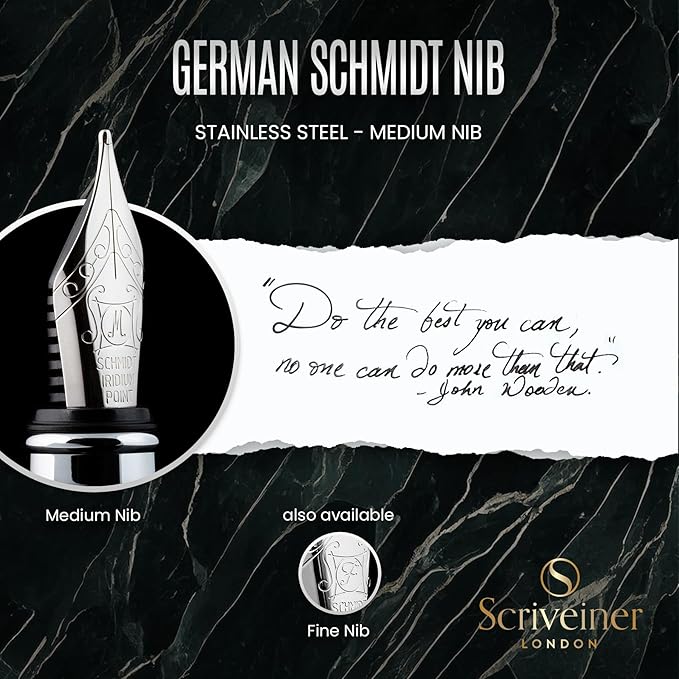 Scriveiner Black Green Fountain Pen - Stunning Luxury Pen with Chrome Finish, Schmidt Nib (Medium), Best Pen Gift Set for Men & Women, Professional, Executive, Office, Nice Pens