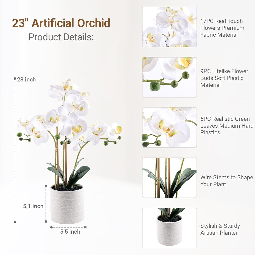 faux orchid plant 23" tall, realistic touch leaves shown in use