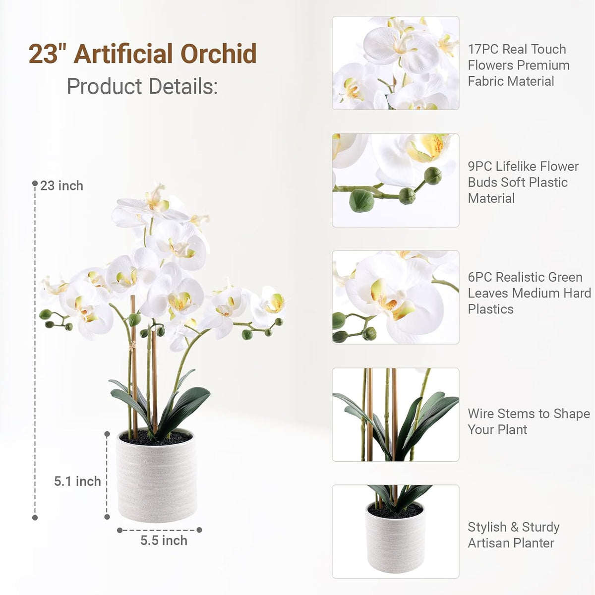 faux orchid plant 23" tall, realistic touch leaves shown in use