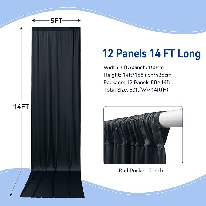 60×14ft Wrinkle Free Black Backdrop Curtain for Parties Wedding,12 Panels 5×14ft Height Soft Silky Polyester Photo Backdrop Drapes for Birthday Graduation Photography Stage Event Background Cloth