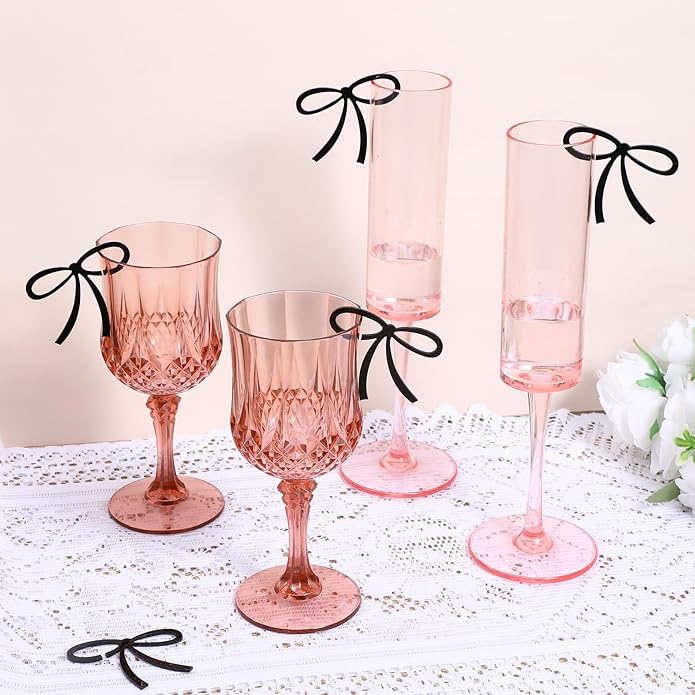 20 Pcs Bows for Champagne Glasses, Acrylic Drink Tags, Bows Drink Charms, Wine Glass Charms Black Bow Decor for Bachelorette Birthday Wedding Coquette Tasting Party Decor Accessory