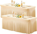 2 Pack Champagne Spandex Table Clothes for 4 Foot Rectangle Tables, 4FT Wrinkle Free Fitted Tablecloths Ruffles Design Table Cover for Party, Banquet, Wedding and Events