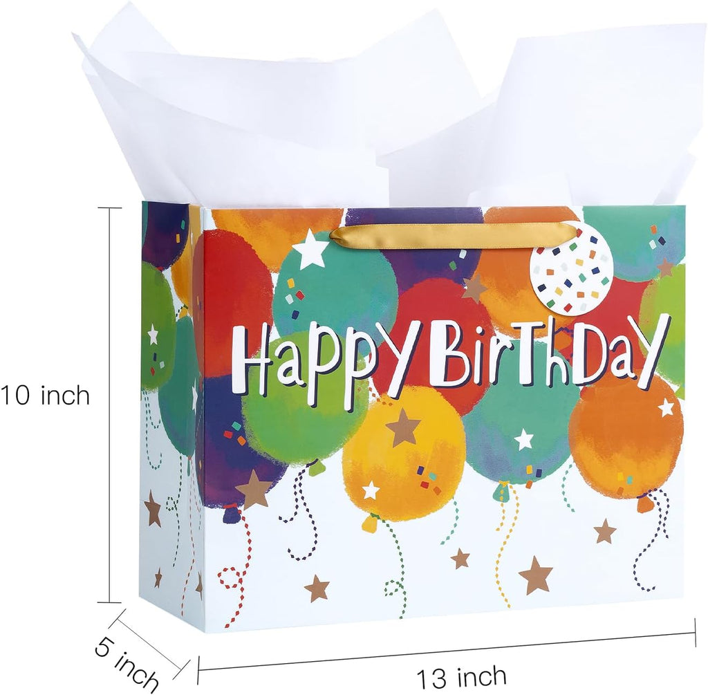 Loveinside Colorful Birthday Gift Bag, Balloons Pattern with HAPPY BIRTHDAY Text, Matching Tissue Paper, Greeting Card and Tag, Ideal for Kids' Birthday Gifts, 13" x 5" x 10", 1 Pcs
