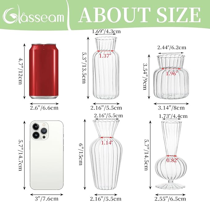 Modern Clear Glass Bud Vase Bulk Set: Glasseam 8Pcs Small Mini Flower Centerpieces Vases Handmade DecorativeCute Short Window Corner Home Decor for Wedding Reception Dining Table Single Rose
