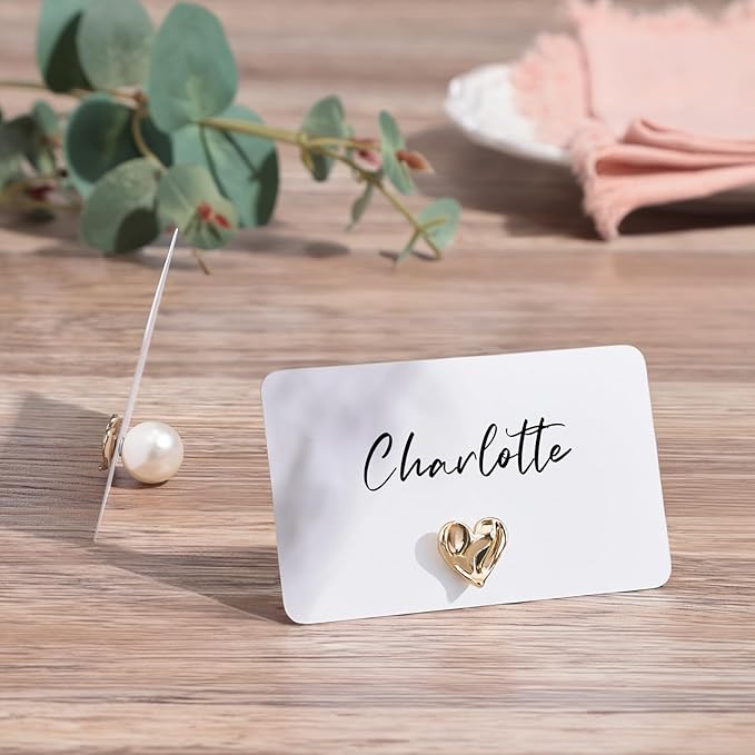 UNIQOOO 24Pcs Decorative Gold Love Heart Place Card Holders Bulk, Romantic Name Card Stands Set, for Wedding Engagement Decor, Table Setting, Business Card, Name Tag, Party Food Labels