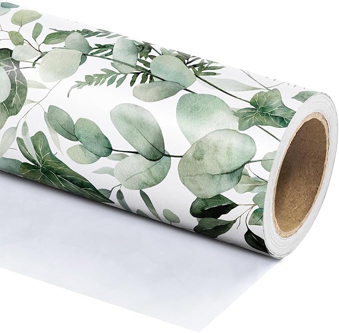 WRAPAHOLIC Eucalyptus Leaves Wrapping Paper Roll - Mini Roll - 17 Inch x 9.8 Feet - Greenery Wrapping Paper Perfect for Birthday, Wedding, Bridal Shower