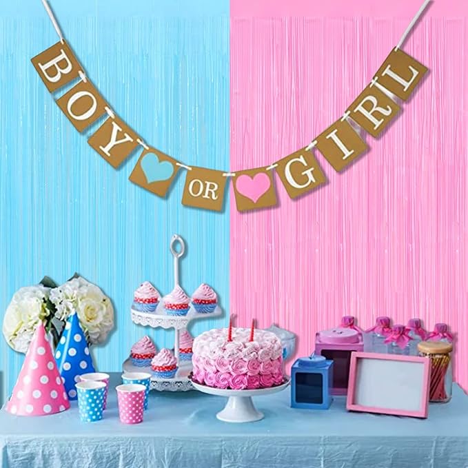 4 Pack 3.2Ft x 6.6Ft Pink Blue Fringe Curtain Backdrop, Metallic Tinsel Foil Fringe Streamers Curtains Background for Photo Booth Wedding Gender Reveal Backdrop Boy or Girl Birthday Party Decoration