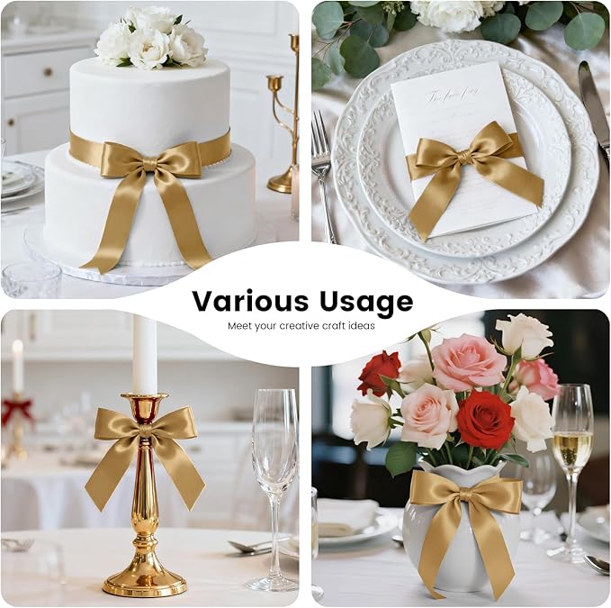 1-1/2 Inch 100 Yards Satin Ribbon Champagne Gold, Solid Color Fabric Ribbon for Gift Wrapping, Wedding, Polyester Gift Ribbon for Birthday Party Decoration, Craft, Hair, Floral, Sewing