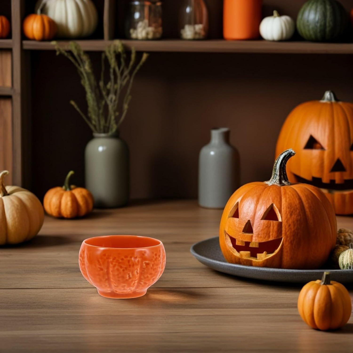 Healifty Pumpkin Shaped Ceramic Candle Holder for Halloween and Fall Party Decor, Orange Aromatherapy Candle Cup with Unique Elegant Design, Sturdy Ceramic Material with High Temperature