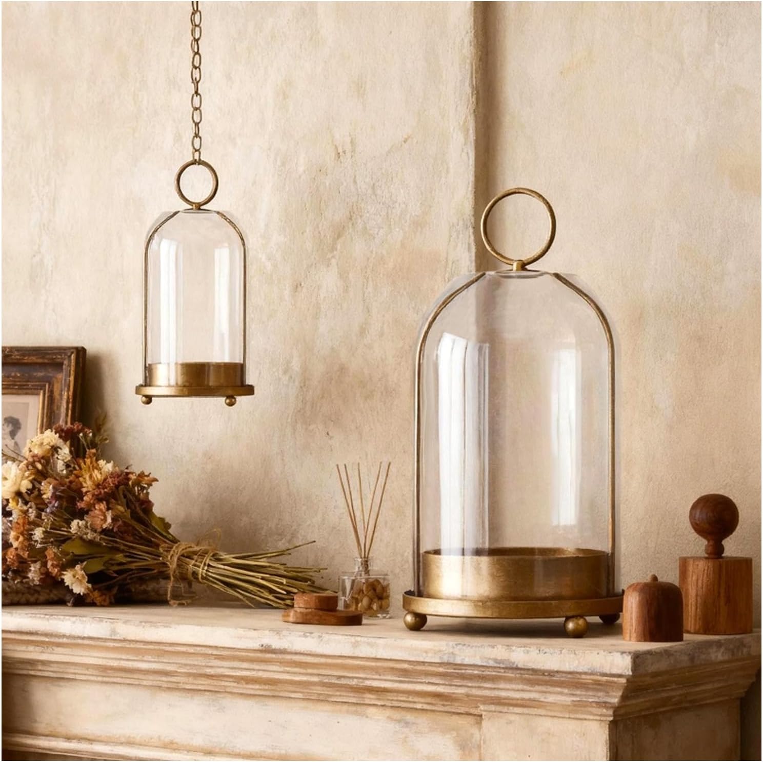 Large & Small Cloche Glass Dome Candle Holders - Glass Hurricane Candle Holder,Gold Candlestick & Lanterns Set of 2 Can Be Placed Desktop Hung,for Pillar Candles,Plants Decorative