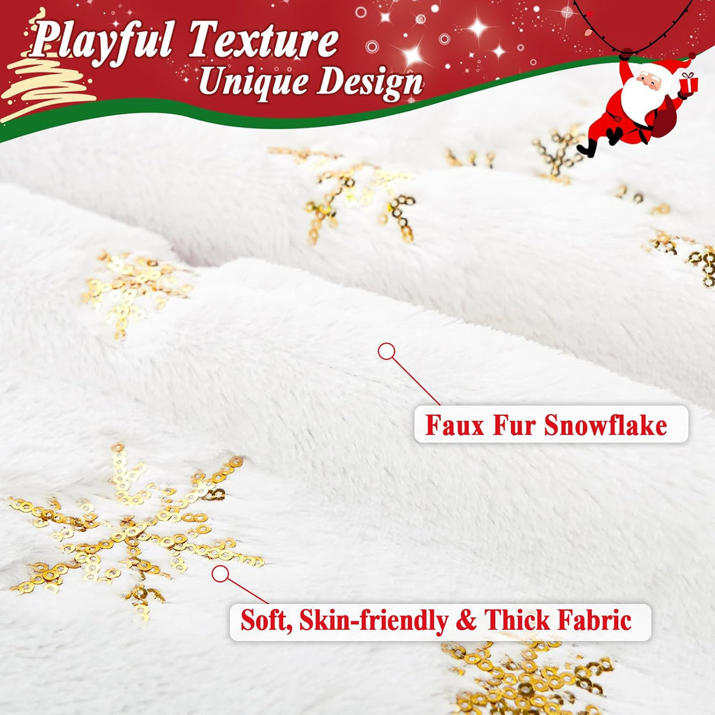 72 Inches Christmas Tree Skirt for Xmas Tree Holiday Party Decorations White Plush Gold Sequin Snowflake