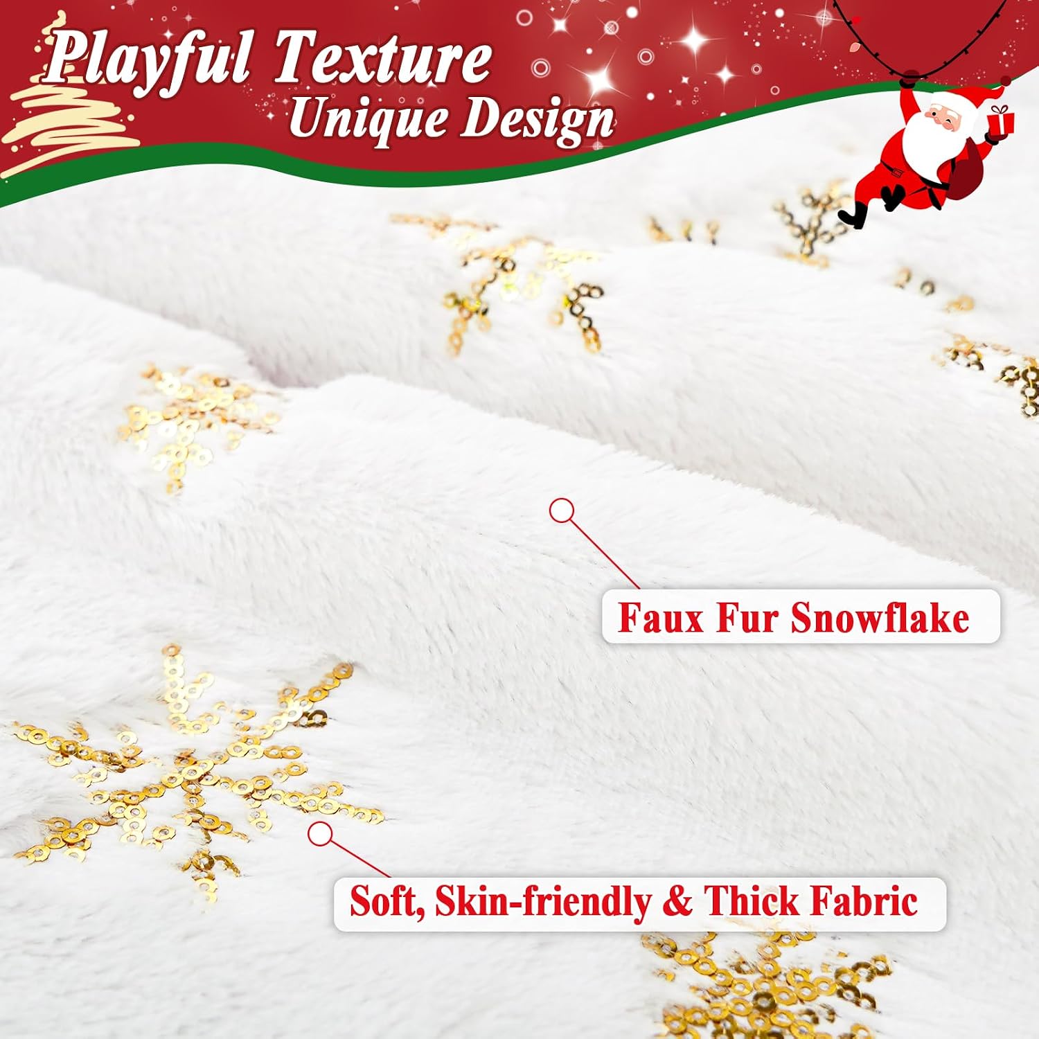 72 Inches Christmas Tree Skirt for Xmas Tree Holiday Party Decorations White Plush Gold Sequin Snowflake