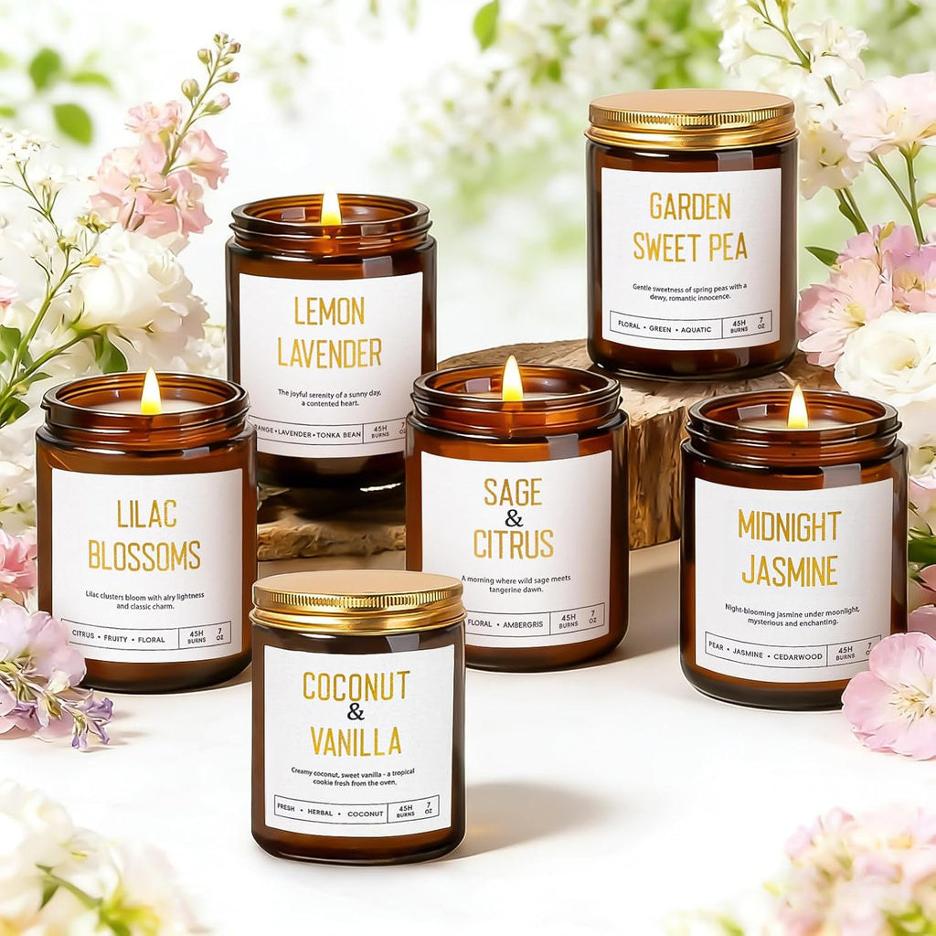 Candles for Home Scented - Soy Candles Non Toxic, 6 Pack Candle Gift Set | 42oz 300h Long Lasting Aromatherapy Candles with Lavender Lemon Vanilla Coconut Jasmine Sage - Floral & Fruity Scents