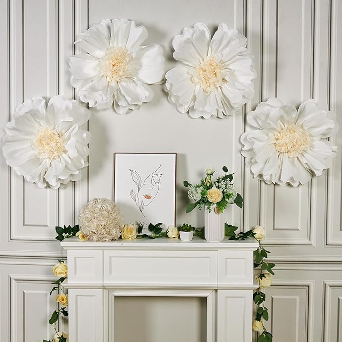SUNBEAUTY 4 Pcs 20" White Giant Paper Flowers Large Crepe Tissue Artificial Paper Flowers Decorations for Wedding Party Wall Table Birthday Baby Shower Bridal Nursery Room Tea Party Backdrop Decor