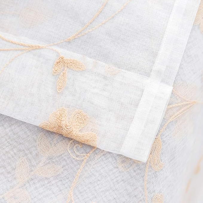 Embroidery Sheer Curtains Gold 63 Inch Length, Rod Pocket Voile Drapes for Living room, Bedroom, Window Treatments Semi Crinkle Curtain Panels for Yard, Patio, Villa, Parlor, Set of 2, 52"x 63".