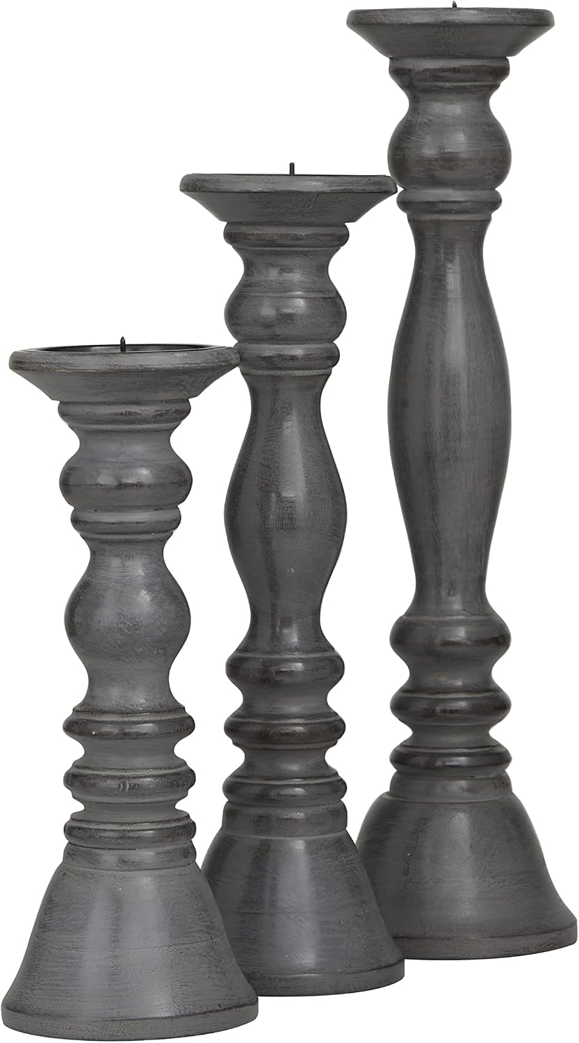 Deco 79 Wood Decorative Candle Holder Candle Stand, Set of 3 Candlestick Holder 18, 15, 12" H, Gray