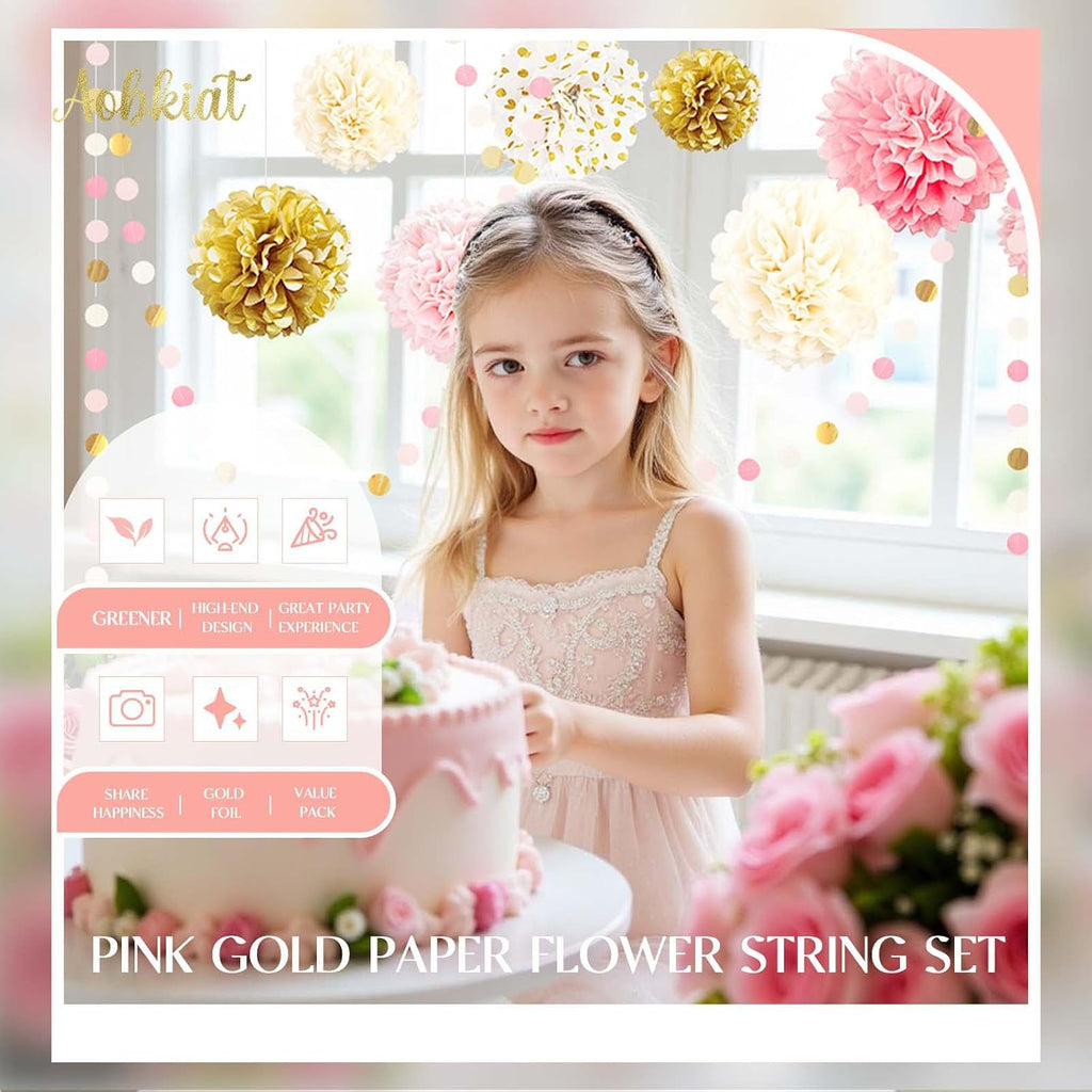 AOBKIAT Wedding Baby Shower Decorations Set,15PCS Pink Gold for Girls Women | with Tissue Paper Pom Poms,Colorful Garland String Hanging Backdrop for Birthday,Bridal Shower,Gender Reveal Celebration