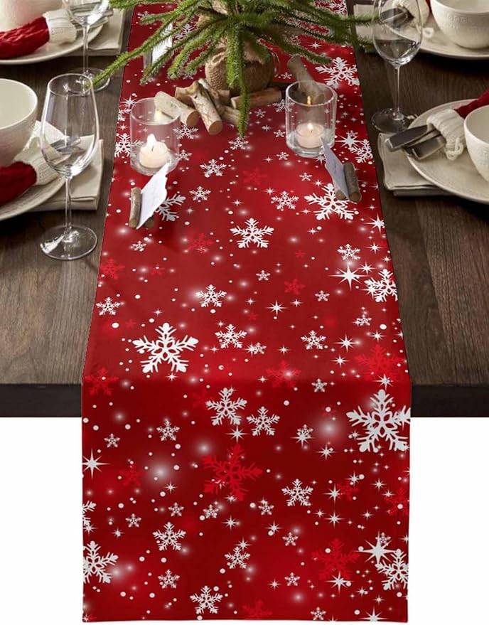 Christmas Snowflakes Cotton Linen Table Runner for Dining Kitchen, Red Xmas Winter Snow Wedding Outdoor Party Tablerunners Decoration, New Year Dresser Scarf Coffee Tablecloth Runners 13x60 Inches