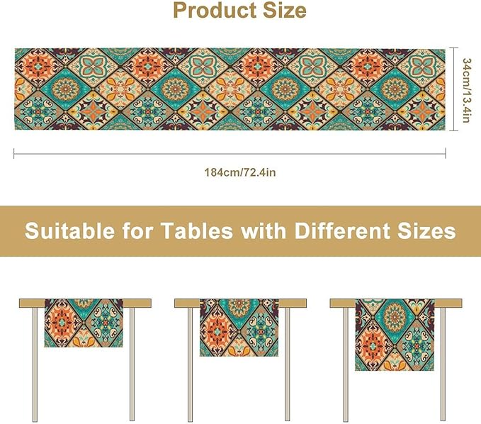 Bohemian Patchwork Table Runnerboho Colorful Tile Patchwork Indian Floral Print Table Runner for Home Kitchen Indoor Outdoor Party Wedding Decor, 13x90inch