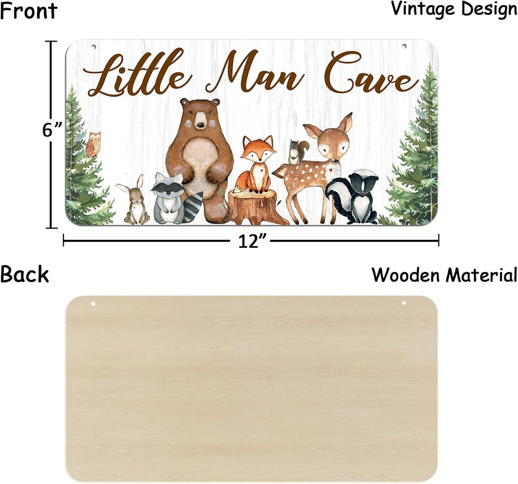 Uflashmi Wood Little Man Cave Sign, Woodland Animal Nursery Wall Decor for Baby Boys Room, Woodland Theme Nursery Room Decor for Toddler Boy, 12”x6”