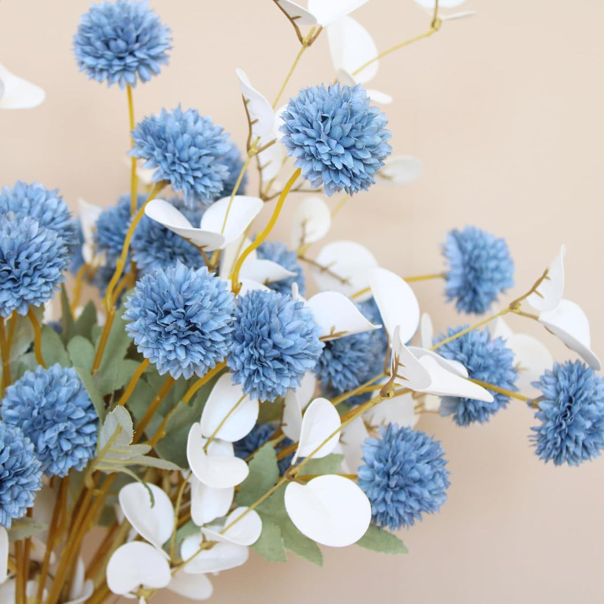 faux dusty blue flowers, 12 blue and white shown in use