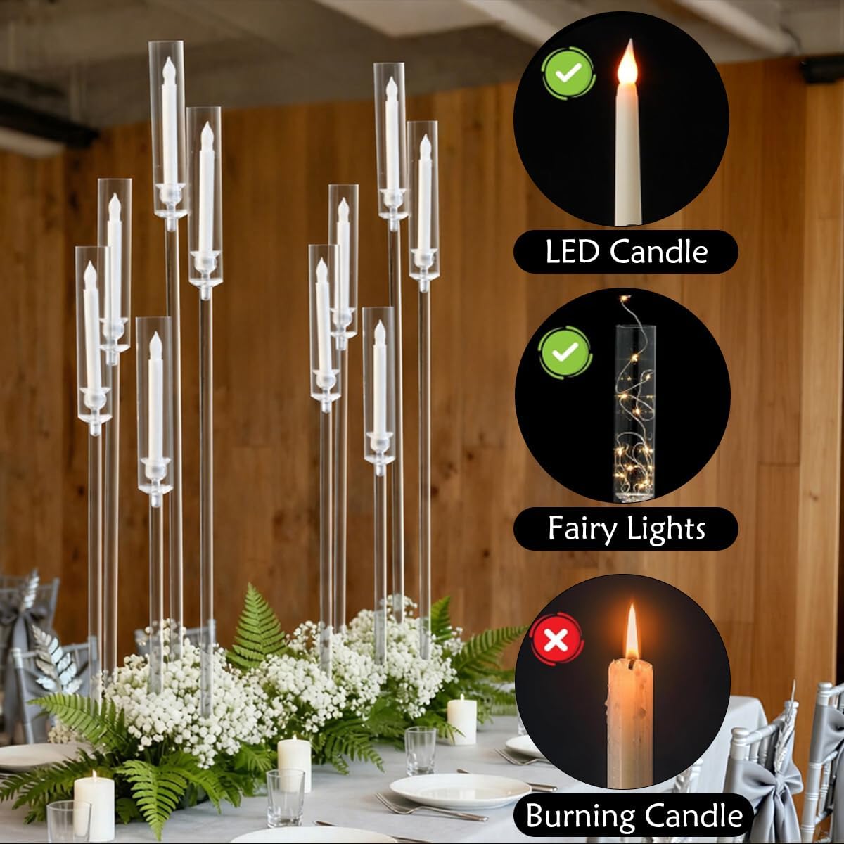 2PCS 5 Arms Acrylic Candelabra Centerpieces for Wedding,45.7Inches Clear | Floor Candle Stick Holders with Acrylic Shade for Christmas Party Home Decor Fireplace Gift candelabros para centros de mesa