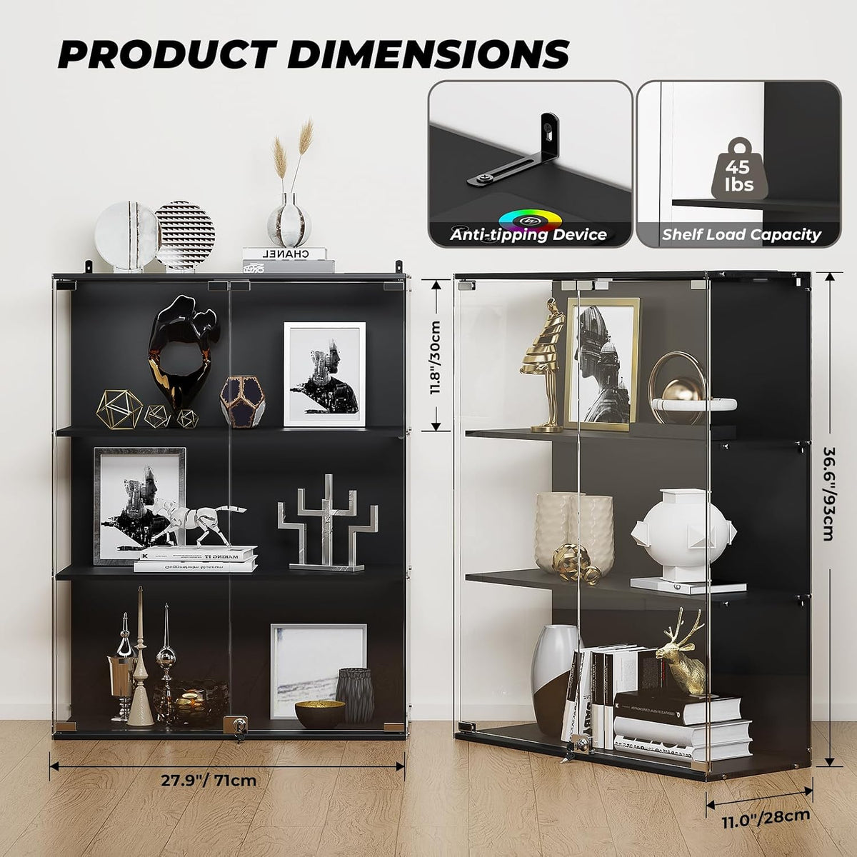 versiontech. glass display cabinet with rgb led lights shown in use