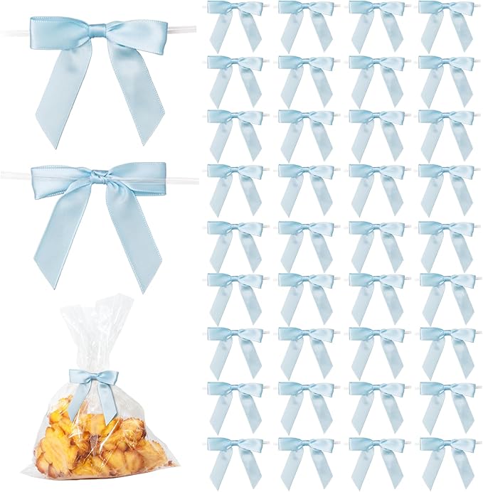 50Pcs Baby Blue Twist Tie Bows for Gift Wrapping 2.5" Satin Ribbon Bow for Treat Bags Cake Balloons Birthday Party Favors Wedding Decorations