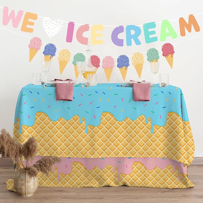 Gatherfun Ice Cream Party Supplies: 2-Pack Ice Cream Birthday Party Decorations,Disposable Plastic Tablecloth, Ideal Table Cover for Kids & Girls Birthday, Baby Shower & Themed Parties, 54 x 108 Inch
