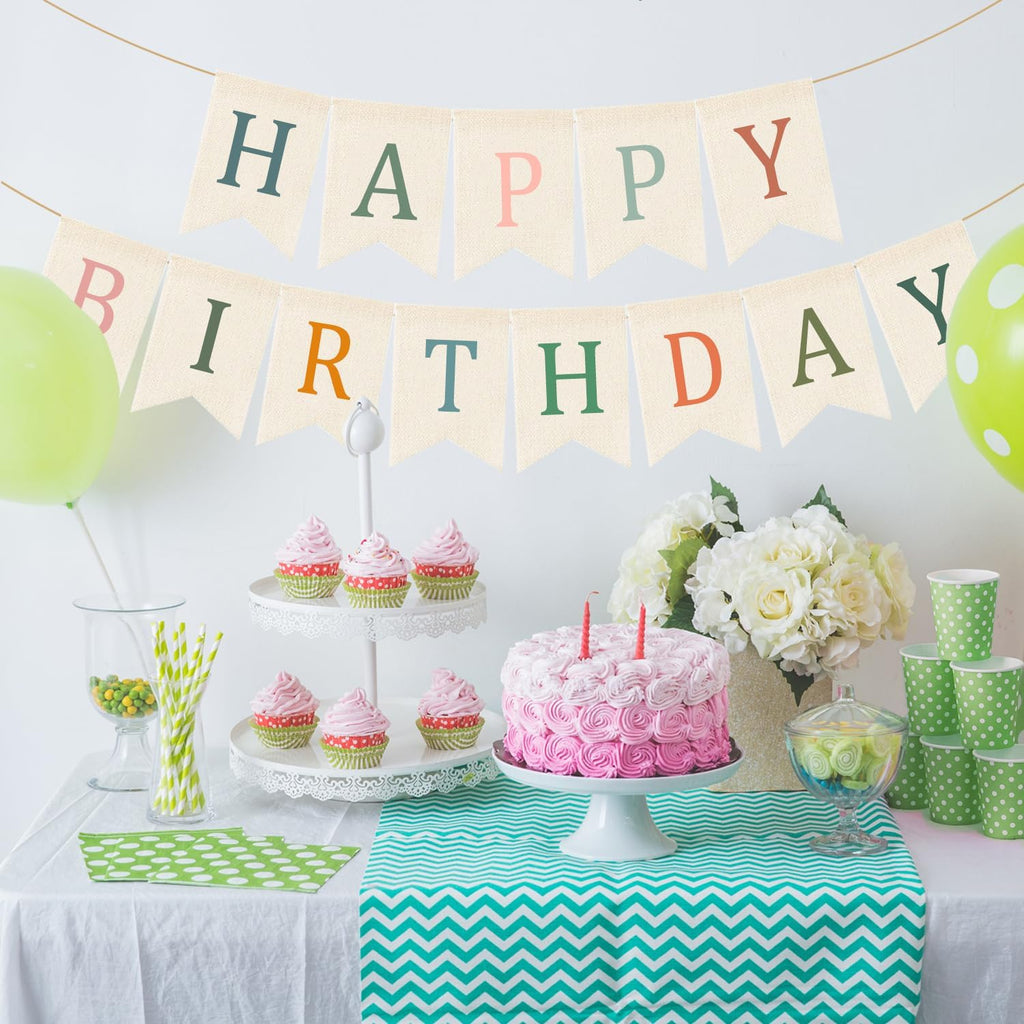 Doumeny Happy Birthday Burlap Banner Boho Birthday Garland Bunting Sage Green Pink Bohemian Party Hanging Flag White Happy Birthday Party Bunting Garland for Women Men Birthday Photo Backdrop